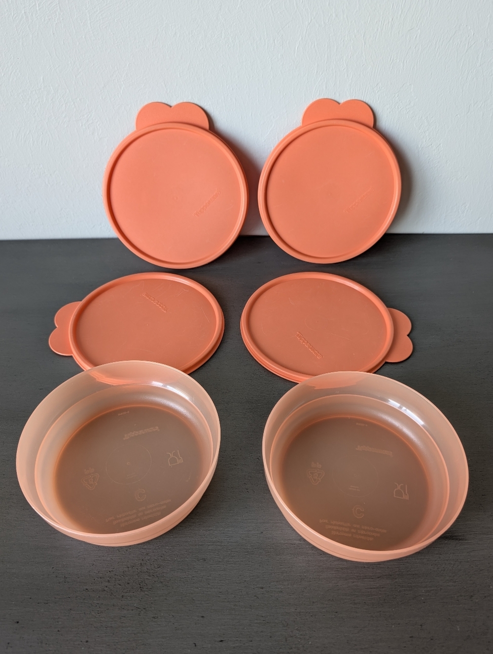 Vintage Tupperware Coral Orange Silicone Lids and Bowls Set Of 2 + 2 Extra Lid